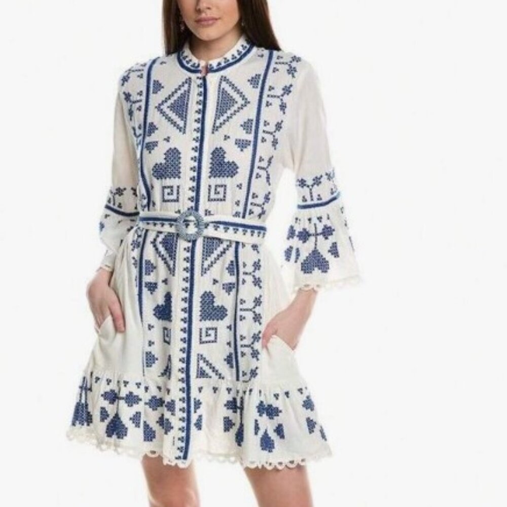 FARM Rio Cross-Stitch Blue and White Dress